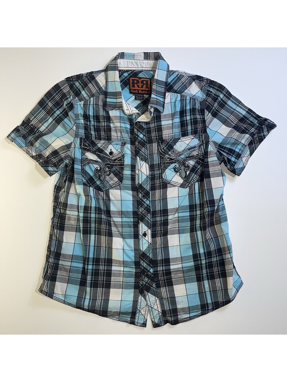 Rock Revival Smith Shirt Mens Small Turquoise Blue Plaid Short Sleeve Western